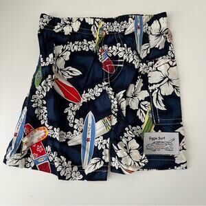 Giggle Surf navy blue Hawaiian floral surfboard print cotton shorts